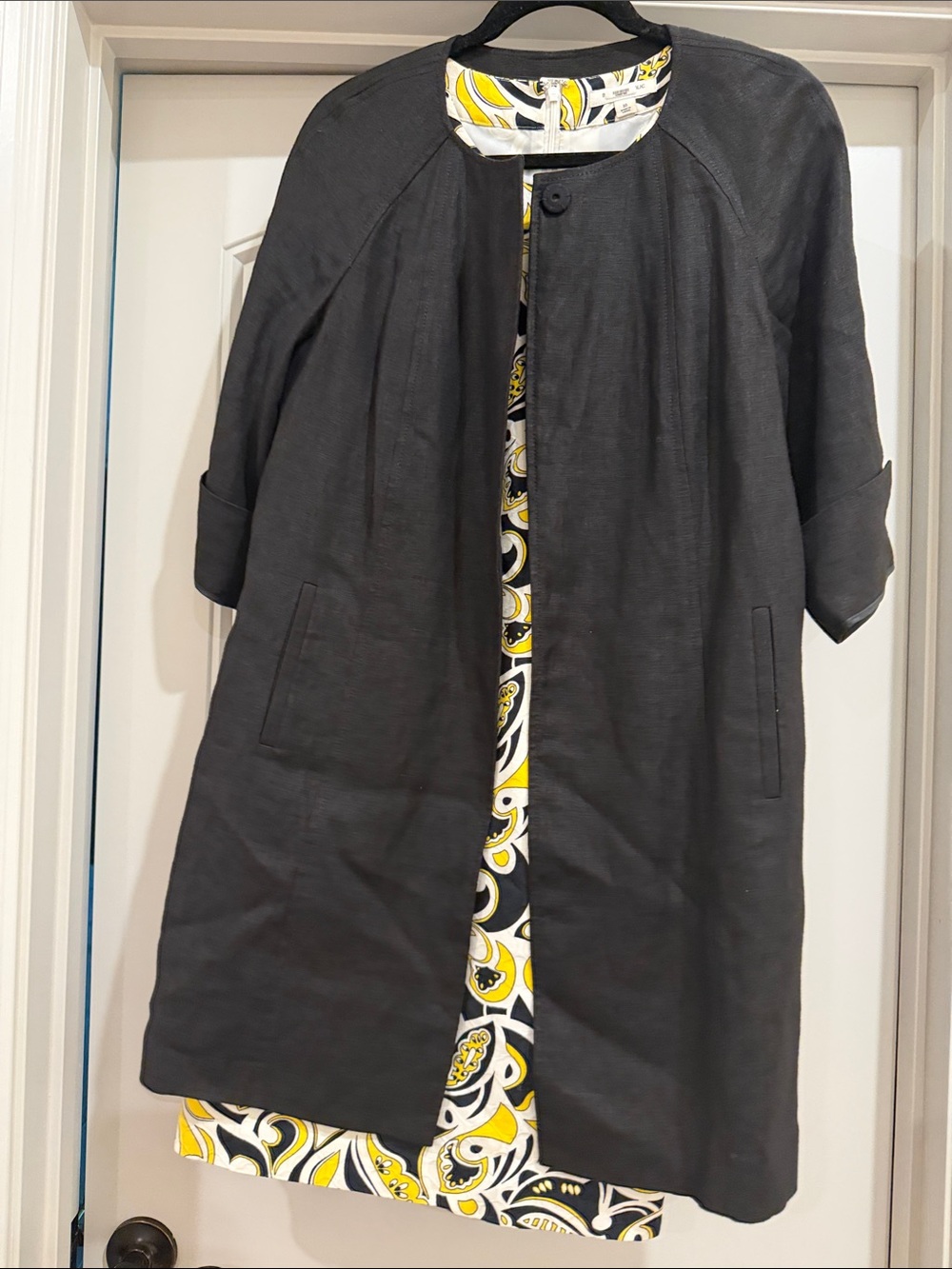 Banana Republic Black Long-Sleeve Coat with Yellow & White Printed Lining
